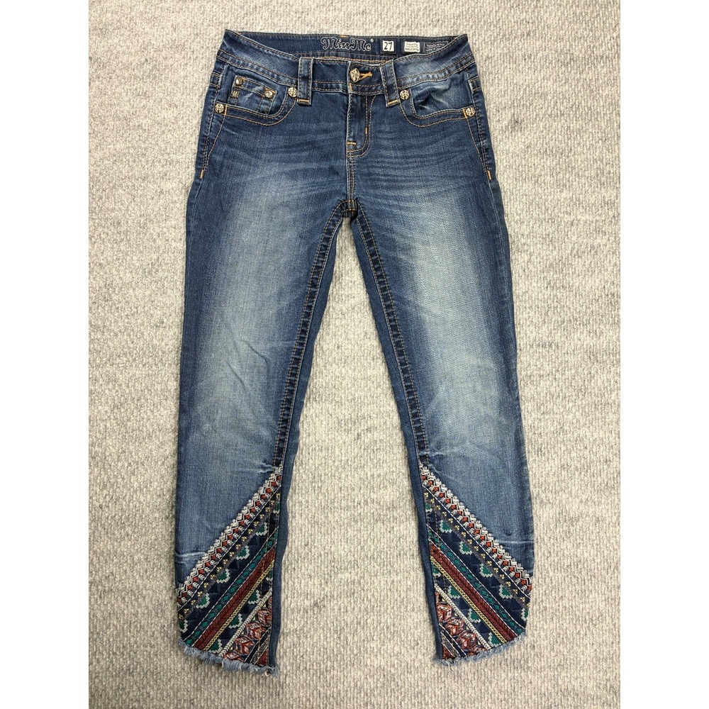 Miss Me Signature Ankle Skinny Jeans Womens 27 Embroidered Raw Hem JP7777AK
